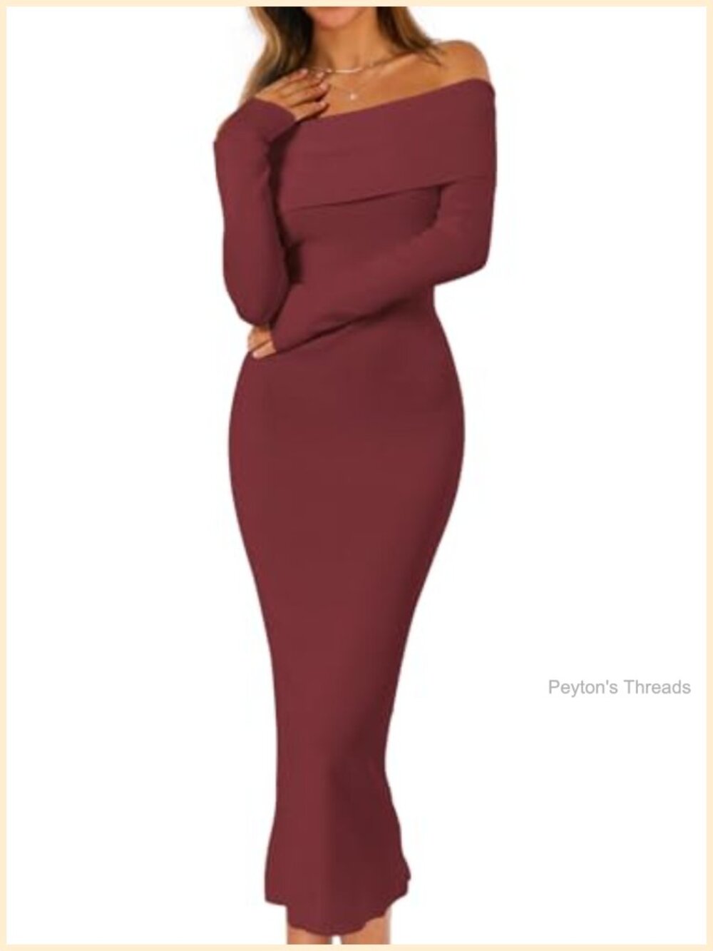 Off Shoulder Knit Bodycon Midi Sweater Dress Long Sleeve Calf Length